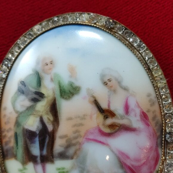 Antique Porcelain Brooch Bezel Setting Czech Hand Painted Numbered c. 1920s - Picture 4 of 9